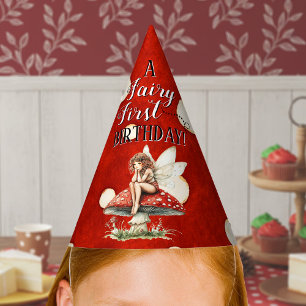 Fee Eerste Verjaardag Paddenstoel Rode Stippen Feesthoedjes