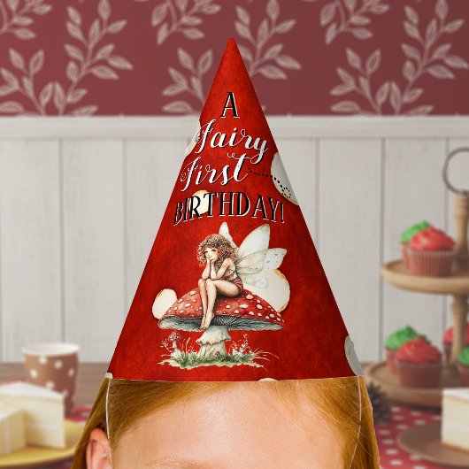 Fee Eerste Verjaardag Paddenstoel Rode Stippen Feesthoedjes