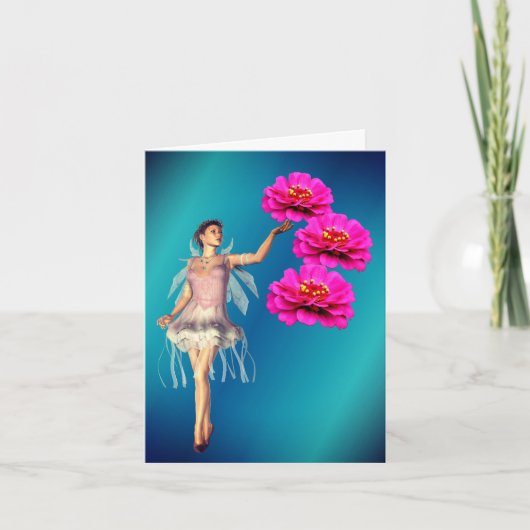 Fee en Roze Zinnia Bloem Fantasie Notitie Kaart (Voorkant)