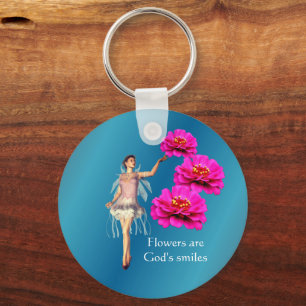 Fee en roze Zinnia-bloemen Inspirerend Sleutelhanger
