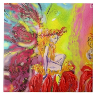 FEE VAN DAGERAAD MET RODE BLOEMEN Fantasie Tegeltje