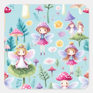 Feeën, bladeren en paddenstoelen land vierkante sticker