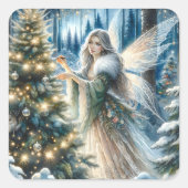 Feeën en kerstbomen in het betoverde bos vierkante sticker (Voorkant)