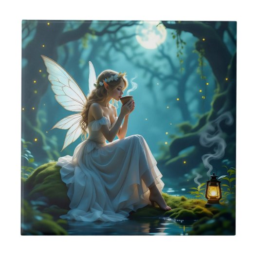 Feeën en koffie betoverd bos tegeltje (Voorkant)