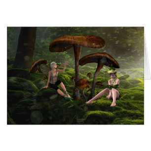 Feeën onder paddestoelen in bos, fantasiekaart