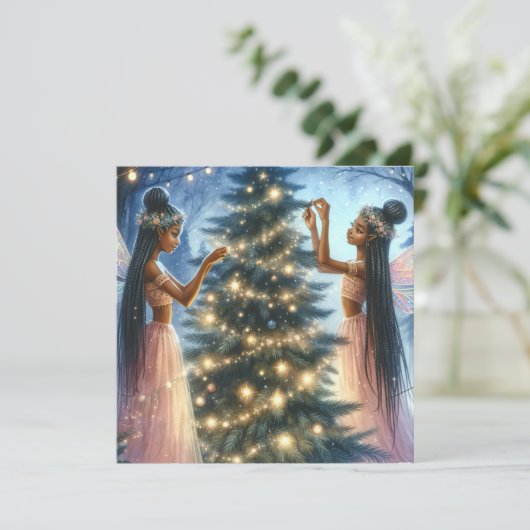feeën versieren de kerstboom feestdagenkaart (Staand voorkant)