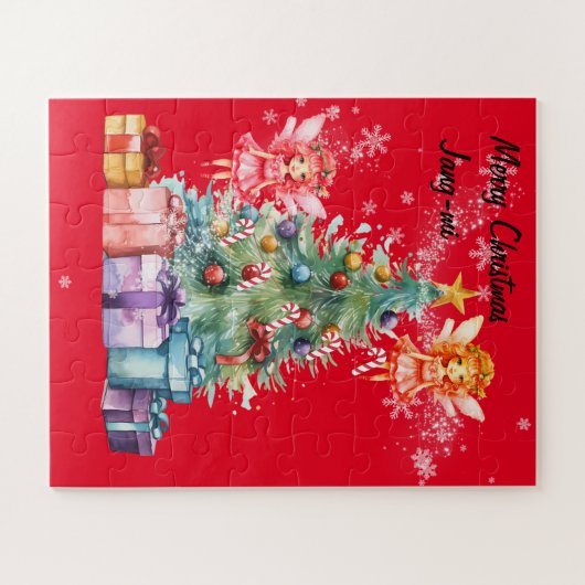 Feeën versieren de kerstboom legpuzzel (Horizontaal)