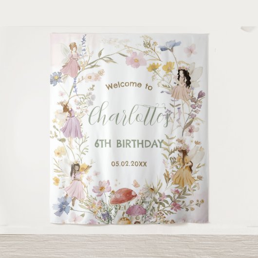 Feeën Wilde Bloemenweide Bloemen Verjaardag Welkom Wandkleed (Voorkant)