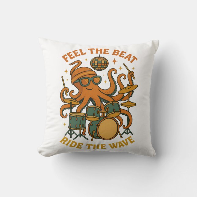 Feel the Beat Octopus Drummer Retro 70s Disco tee Kussen (Voorkant)