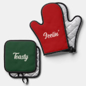 Feelin' Toasty Grappig Kerstcadeau Rood Groen Ovenwant & Pannenlap Set (Voorkant / Achterkant)