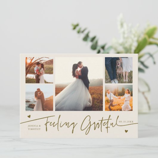 Feeling Grateful Cream Wedding Multi Photo Bedankkaart (Staand voorkant)