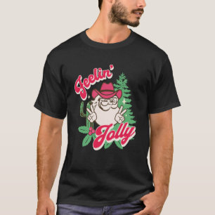 Feeling Jolly Cowboy Santa Retro Christmas Pink Co T-shirt