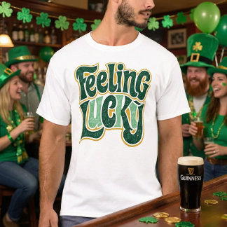 Feeling Lucky Retro Groovy Distressed Green Gold T-shirt