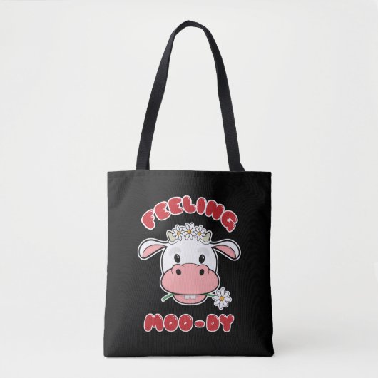 Feeling Moo-dy | Cute Cartoon Koe Quote Canvas tas (Voorkant)