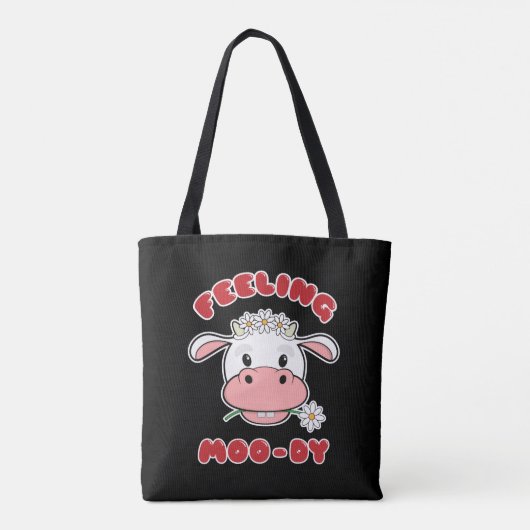 Feeling Moo-dy | Cute Cartoon Koe Quote Canvas tas (Achterkant)