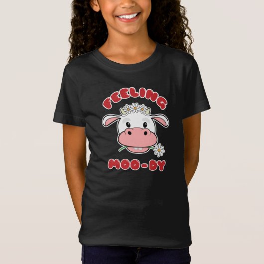Feeling Moo-dy | Kute Cartoon Koe Citaat T-Shirt (Voorkant)
