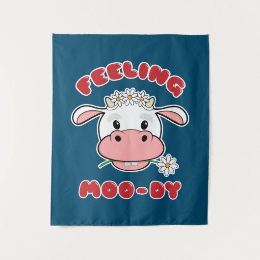 Feeling Moo-dy | Kute Cartoon Koe Citaat Tapestry Wandkleed (Voorkant)