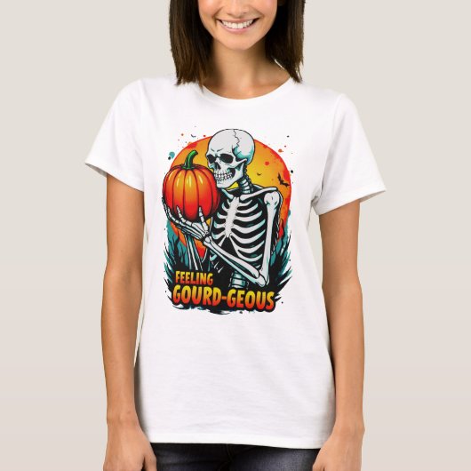 'Feeling pompoen-geous' Skeleton Hand Halloween T- T-shirt (Voorkant)