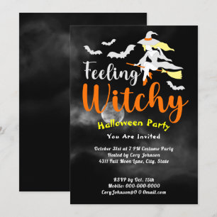 Feeling Witchy Bats Moon Black Sky Halloween Party Kaart