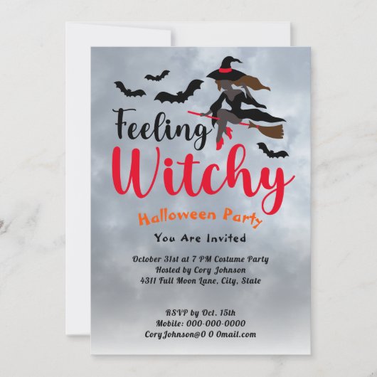 Feeling Witchy Bats Moon Gray Sky Halloween Party Kaart (Voorkant)