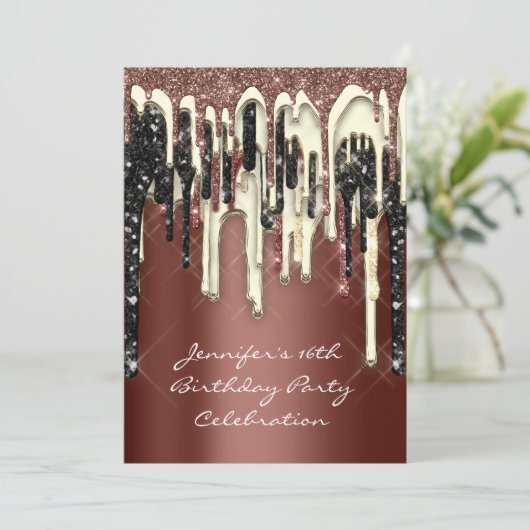 Feest 16e Bruin Bruin Glitter Druppels Kaart (Staand voorkant)