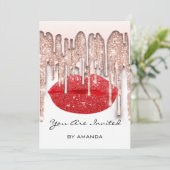 Feest 16e Rode Kus Lippen Roos Glitter Wit Glam Kaart (Staand voorkant)