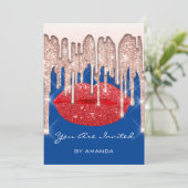Feest 16e Rode Kus Lippen Roos Glitters Blauwe Kaart (Staand voorkant)