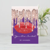 Feest 16e Rode Kus Lippen Roos Glitters Purper Kaart (Staand voorkant)