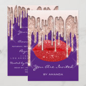 Feest 16e Rode Kus Lippen Roos Glitters Purper Kaart (Voorkant / Achterkant)
