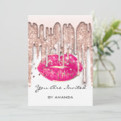 Feest 16e Rode Kus Lippen Roos Glitters Wit Roze Kaart (Staand voorkant)