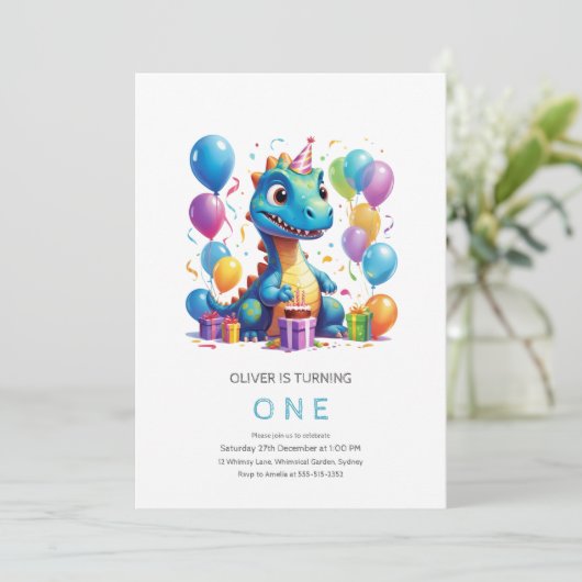 Feest als dinosaurus 1e verjaardag Uitnodiging (Staand voorkant)