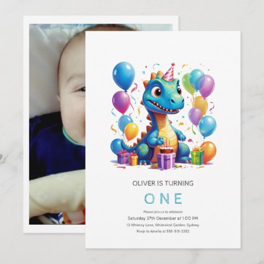 Feest als dinosaurus 1e verjaardag Uitnodiging (Voorkant / Achterkant)