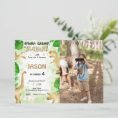 Feest als een dinosaurus, verjaardagsfeestfoto kaart (Staand voorkant)