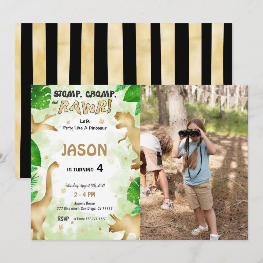 Feest als een dinosaurus, verjaardagsfeestfoto kaart (Voorkant / Achterkant)