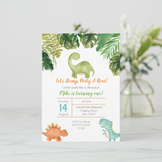 Feest als een dinosaurusverjaardag kaart (Staand voorkant)