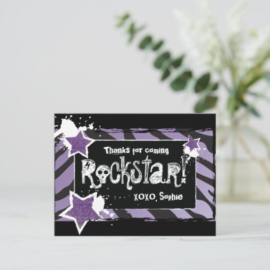 Feest als een Rockstar- Paarse dank u post Kaart (Staand voorkant)