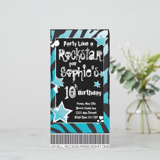 Feest als een Rockster- Blauwe Uitnodiging Sjabloo (Staand voorkant)