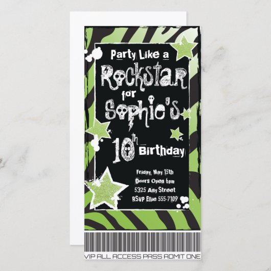 Feest als een Rockster- Groene Uitnodiging Templat (Voorkant / Achterkant)