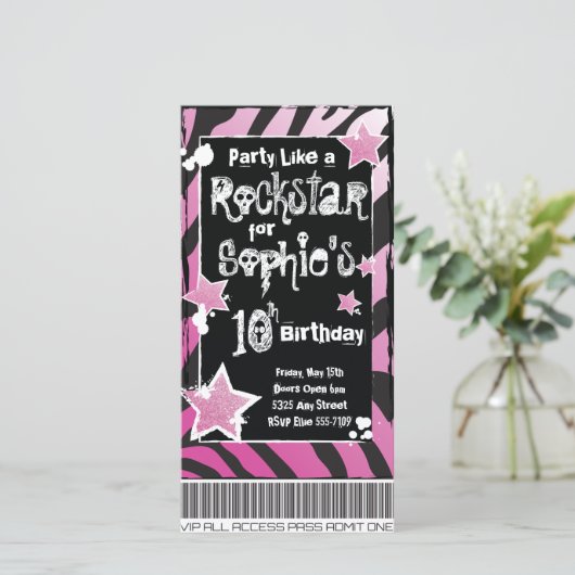 Feest als een Rockster- Roze Uitnodiging Template (Staand voorkant)