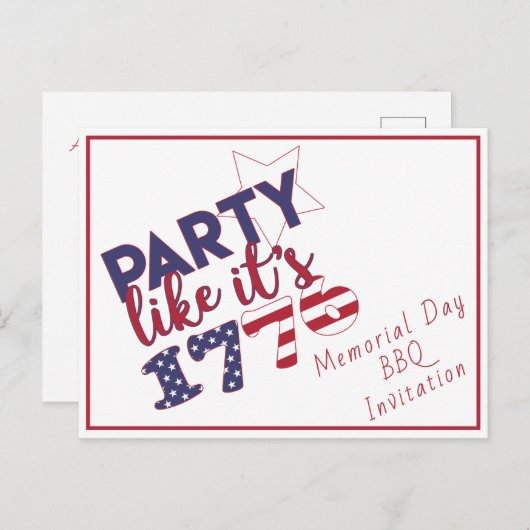 Feest als het is 1776 - Memorial Day BBQ uitnodigi Uitnodiging Briefkaart (Voorkant / Achterkant)
