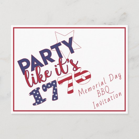 Feest als het is 1776 - Memorial Day BBQ uitnodigi Uitnodiging Briefkaart (Voorkant)