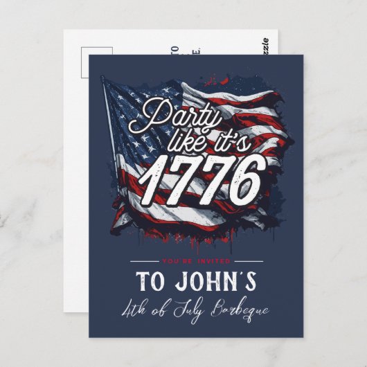 "Feest alsof het 1776 is" Patriottische uitnodigin Briefkaart (Voorkant / Achterkant)