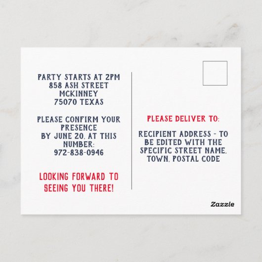 "Feest alsof het 1776 is" Patriottische uitnodigin Briefkaart (Achterkant)