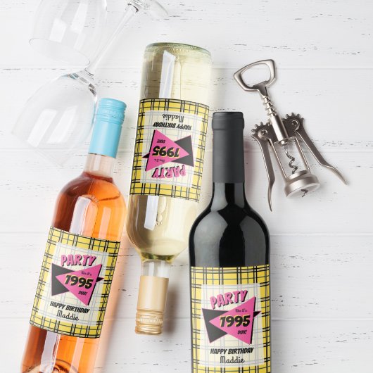 Feest alsof het de jaren 90 geel geruite verjaarda wijn etiket