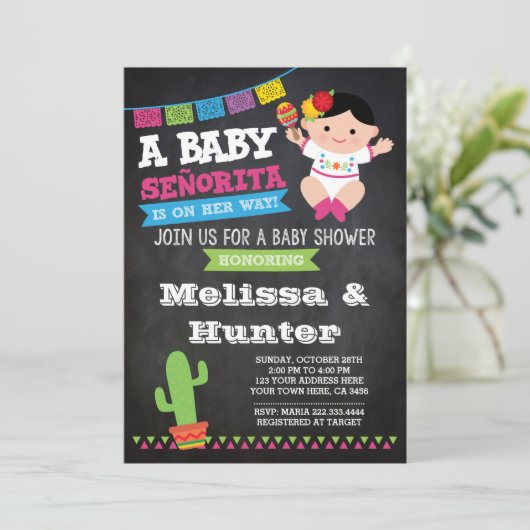 Feest Baby Shower, Schoolbord Uitnodiging (Staand voorkant)