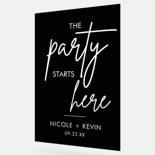 Feest begint hier bruiloft welkom zwart acryl bord (Hoek)