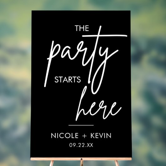 Feest begint hier bruiloft welkom zwart acryl bord (Neutraal)