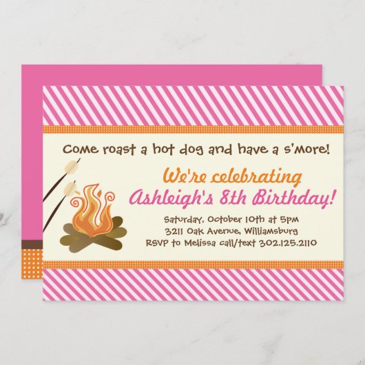 Feest bij het Kampvuur (Roze) Verjaardagsfeest Kaart (Voorkant / Achterkant)