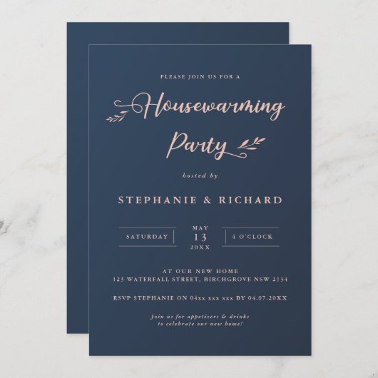 Feest bij verhuizing in Navy en Roze Blad Kaart (Voorkant / Achterkant)