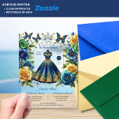 Feest Bloem Vlinders QUINCEANERA Blauw Goud Acryl Uitnodigingen